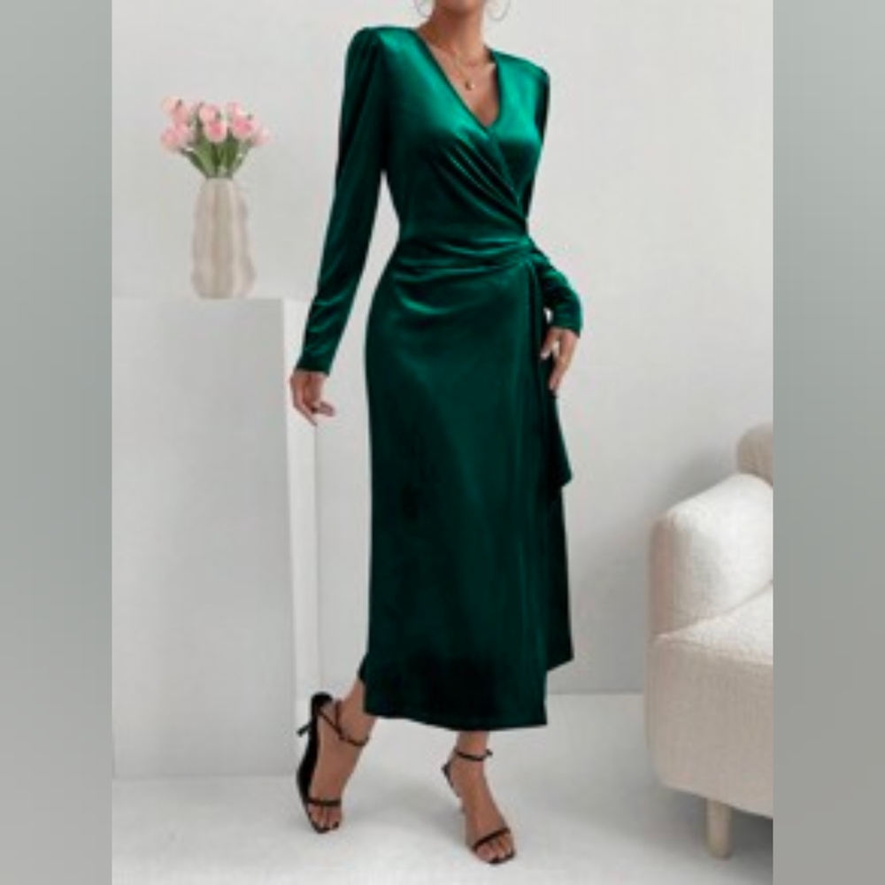 SheIn Velvet Green Wrap Dress - long sleeve